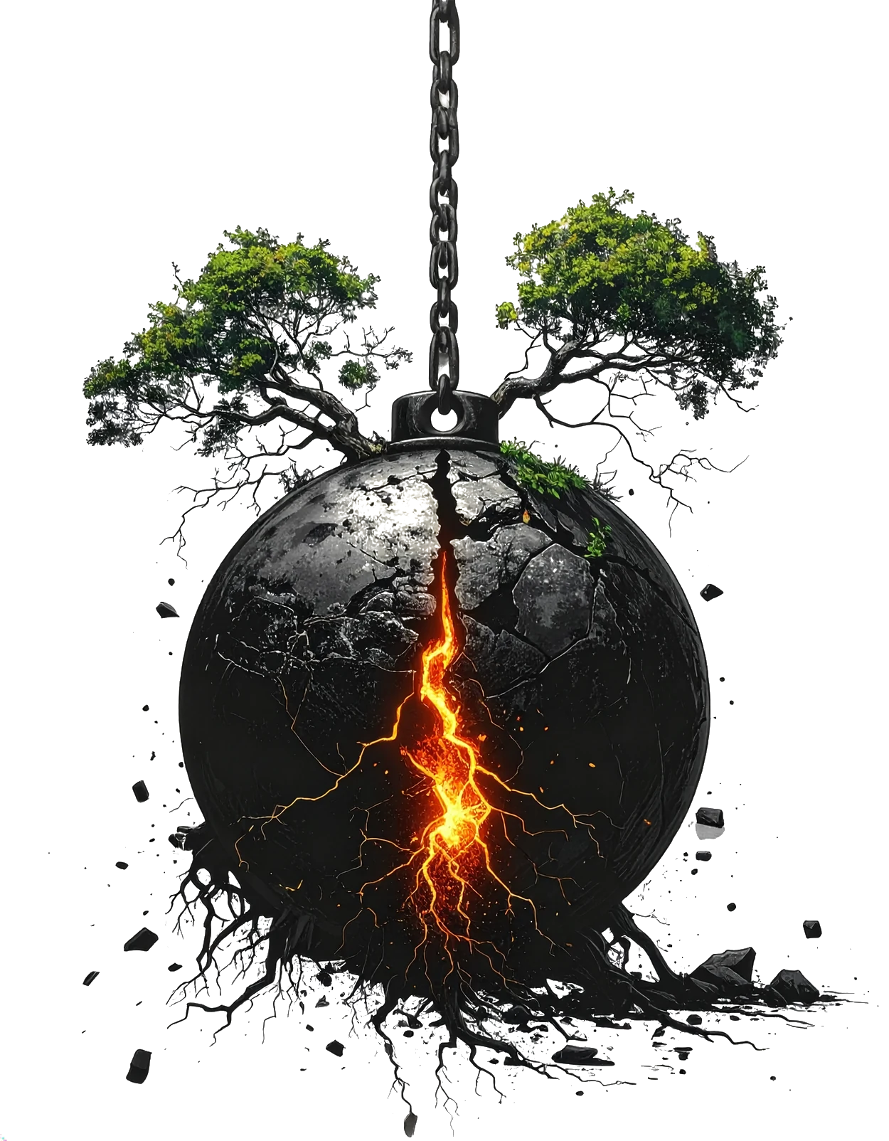 A wreckingball cracked open with magma, trees growing from it